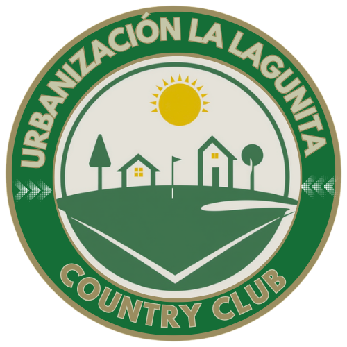 Logo redondo de lpagina web www.lagunita.com, es un circulo con fondo verde con ilustracones de casa y golf