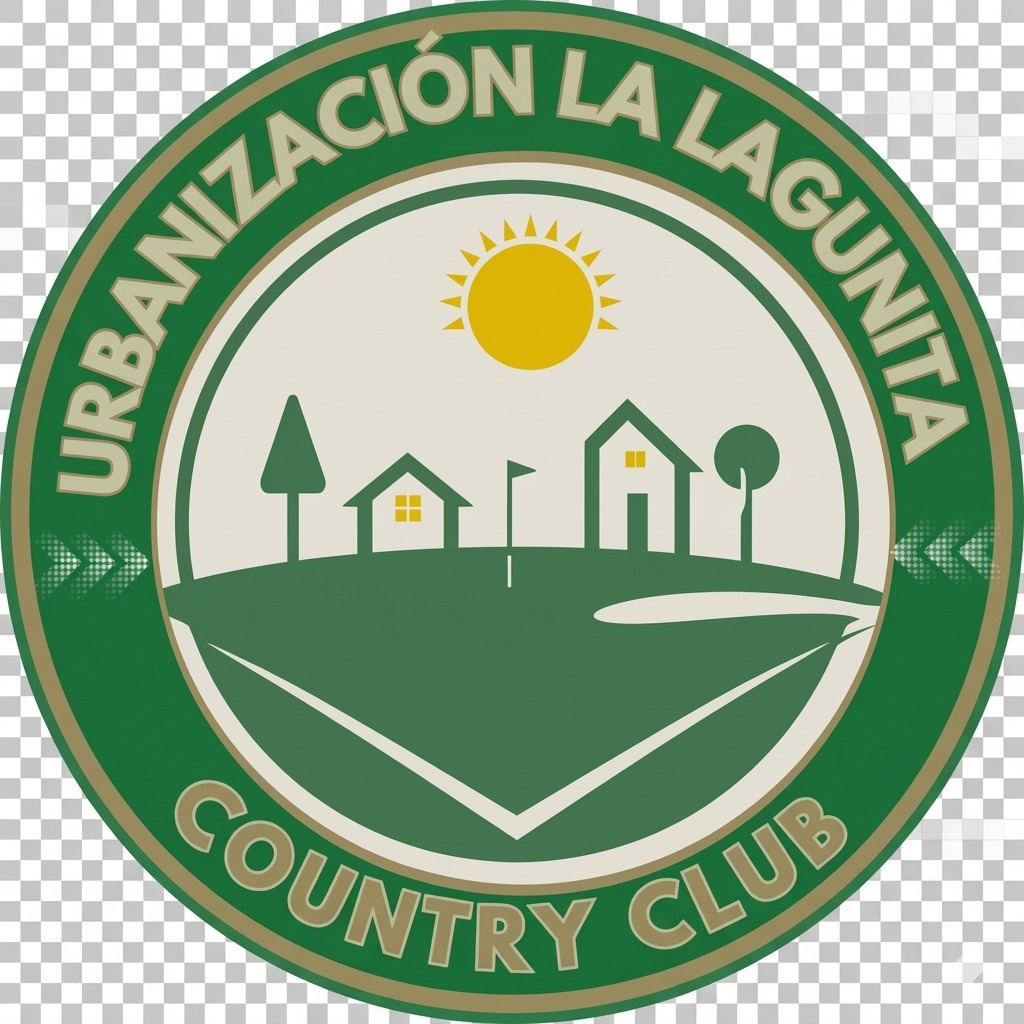 Logo redondo de lpagina web www.lagunita.com, es un circulo con fondo verde con ilustracones de casa y golf
