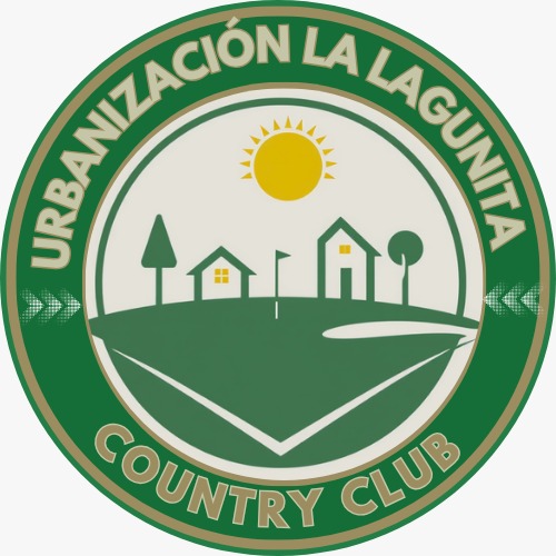 logo cuadrado de el site www.lagunita.com, fondo blanco es un circulo verde con el nombre de la urbanizacion y casitas en un campo de golf
